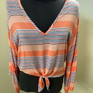 Lavender Field Tie Front V Neck Stripe Long Sleeve Stripe Multi Large